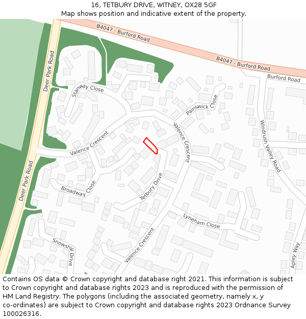 16, TETBURY DRIVE, WITNEY, OX28 5GF: Location map and indicative extent of plot