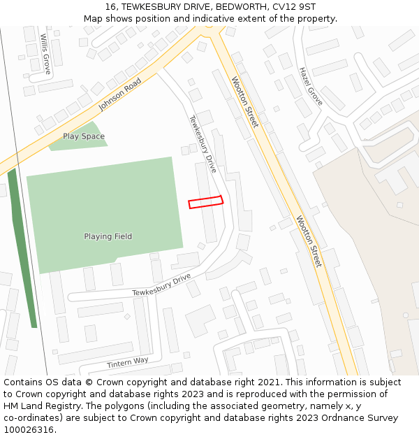 16, TEWKESBURY DRIVE, BEDWORTH, CV12 9ST: Location map and indicative extent of plot