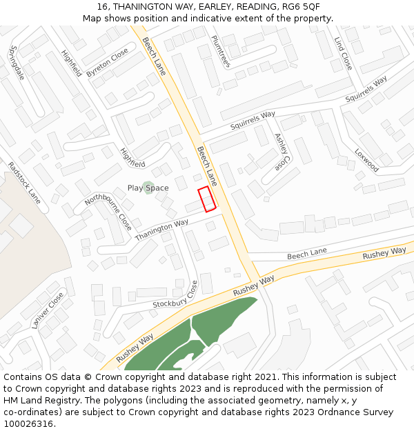 16, THANINGTON WAY, EARLEY, READING, RG6 5QF: Location map and indicative extent of plot