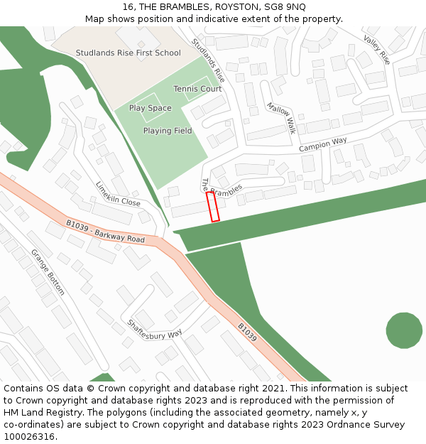 16, THE BRAMBLES, ROYSTON, SG8 9NQ: Location map and indicative extent of plot