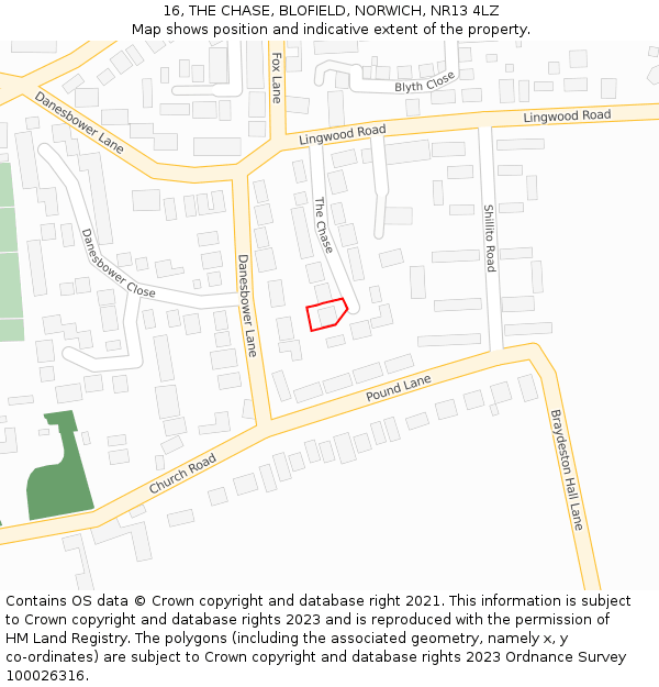 16, THE CHASE, BLOFIELD, NORWICH, NR13 4LZ: Location map and indicative extent of plot