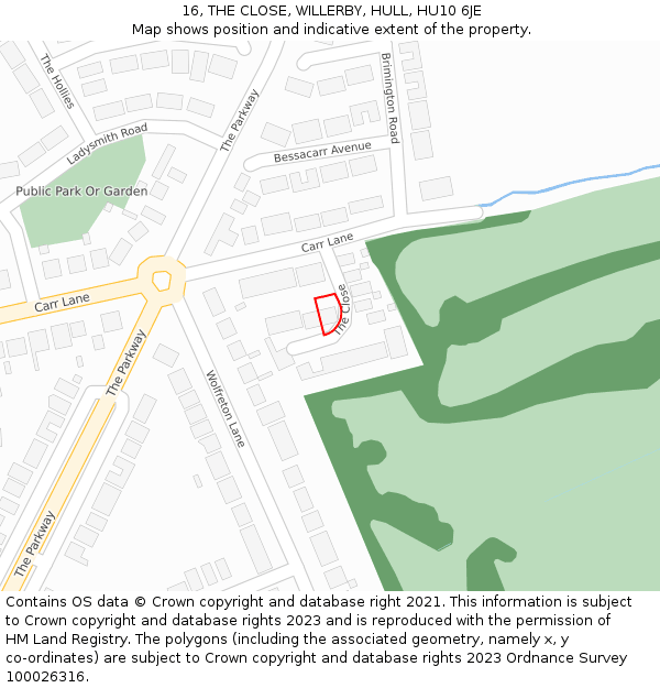 16, THE CLOSE, WILLERBY, HULL, HU10 6JE: Location map and indicative extent of plot