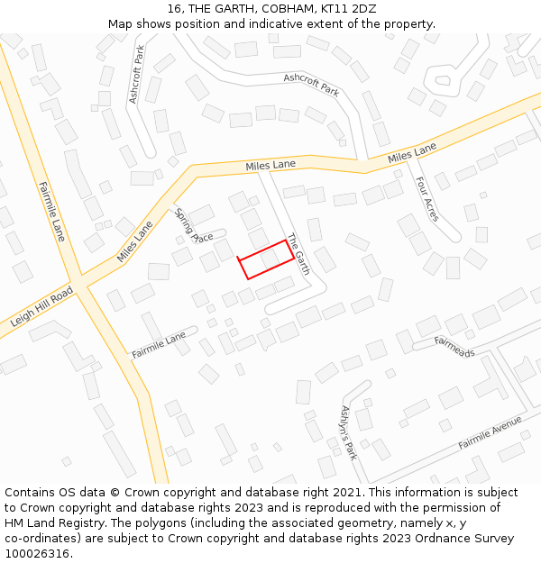 16, THE GARTH, COBHAM, KT11 2DZ: Location map and indicative extent of plot