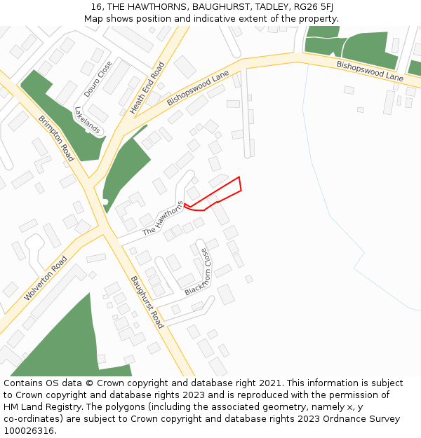 16, THE HAWTHORNS, BAUGHURST, TADLEY, RG26 5FJ: Location map and indicative extent of plot