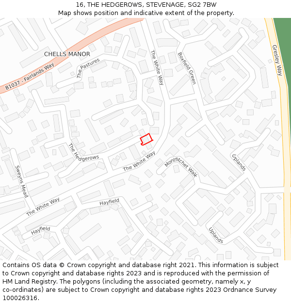 16, THE HEDGEROWS, STEVENAGE, SG2 7BW: Location map and indicative extent of plot