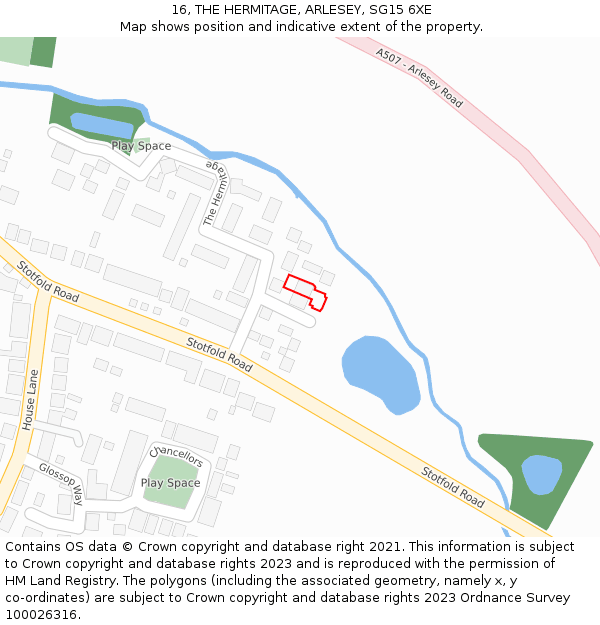 16, THE HERMITAGE, ARLESEY, SG15 6XE: Location map and indicative extent of plot