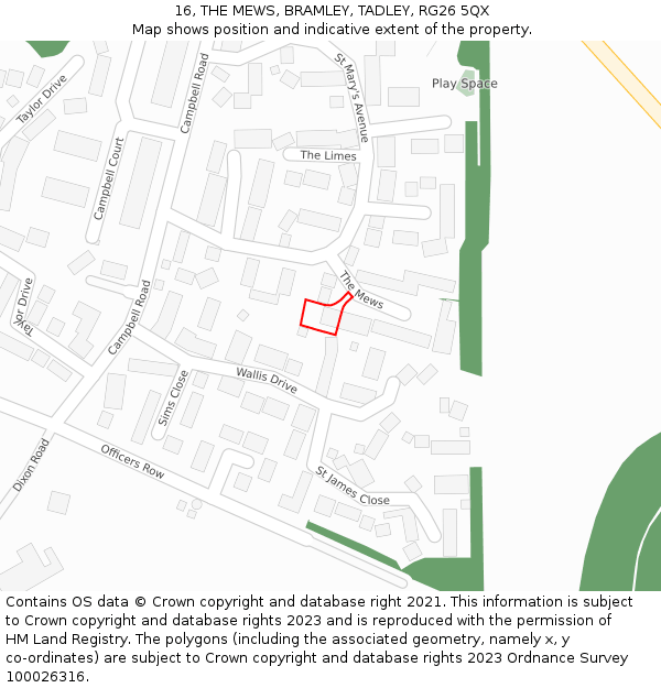 16, THE MEWS, BRAMLEY, TADLEY, RG26 5QX: Location map and indicative extent of plot