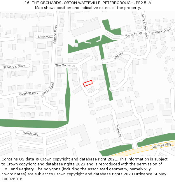 16, THE ORCHARDS, ORTON WATERVILLE, PETERBOROUGH, PE2 5LA: Location map and indicative extent of plot