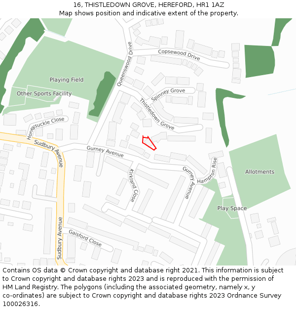 16, THISTLEDOWN GROVE, HEREFORD, HR1 1AZ: Location map and indicative extent of plot