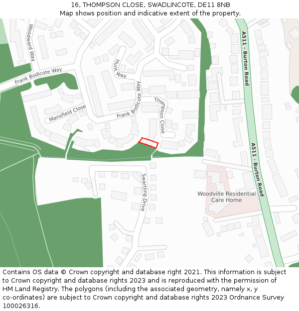 16, THOMPSON CLOSE, SWADLINCOTE, DE11 8NB: Location map and indicative extent of plot