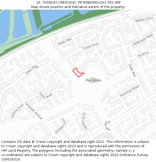 16, THORLEY CRESCENT, PETERBOROUGH, PE2 9RF: Location map and indicative extent of plot