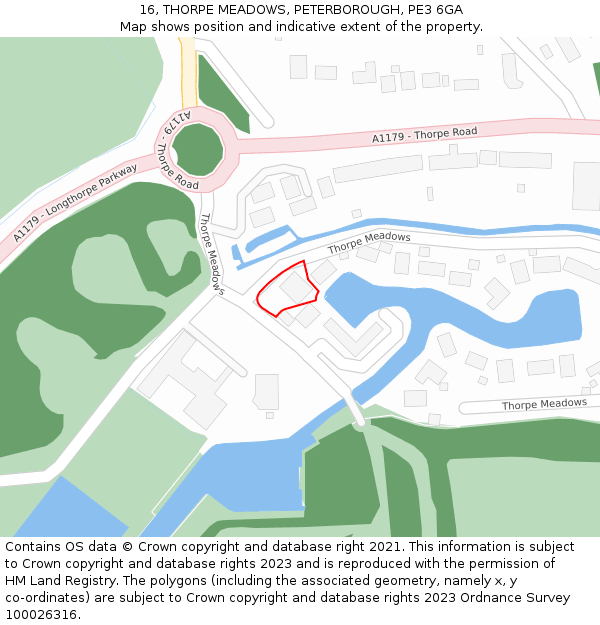 16, THORPE MEADOWS, PETERBOROUGH, PE3 6GA: Location map and indicative extent of plot