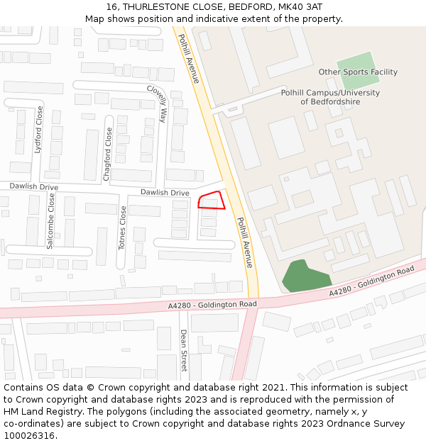 16, THURLESTONE CLOSE, BEDFORD, MK40 3AT: Location map and indicative extent of plot