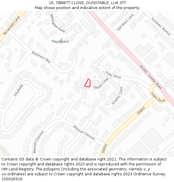 16, TIBBETT CLOSE, DUNSTABLE, LU6 3TT: Location map and indicative extent of plot
