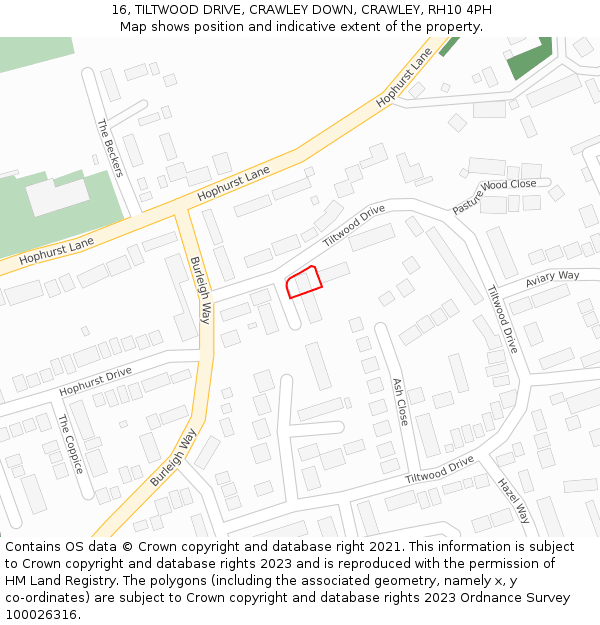 16, TILTWOOD DRIVE, CRAWLEY DOWN, CRAWLEY, RH10 4PH: Location map and indicative extent of plot
