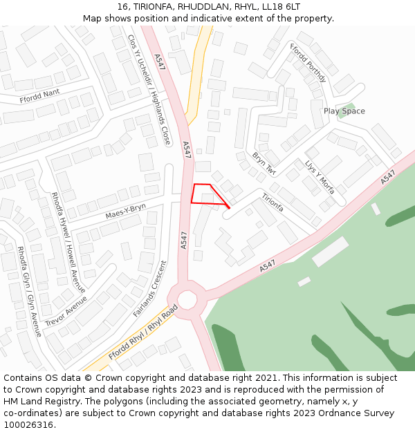 16, TIRIONFA, RHUDDLAN, RHYL, LL18 6LT: Location map and indicative extent of plot