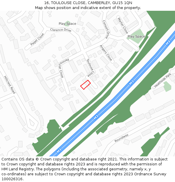 16, TOULOUSE CLOSE, CAMBERLEY, GU15 1QN: Location map and indicative extent of plot