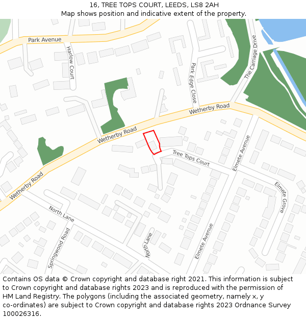 16, TREE TOPS COURT, LEEDS, LS8 2AH: Location map and indicative extent of plot