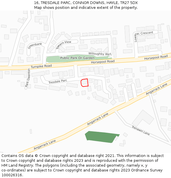 16, TRESDALE PARC, CONNOR DOWNS, HAYLE, TR27 5DX: Location map and indicative extent of plot