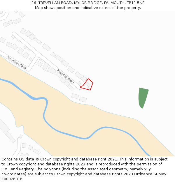 16, TREVELLAN ROAD, MYLOR BRIDGE, FALMOUTH, TR11 5NE: Location map and indicative extent of plot