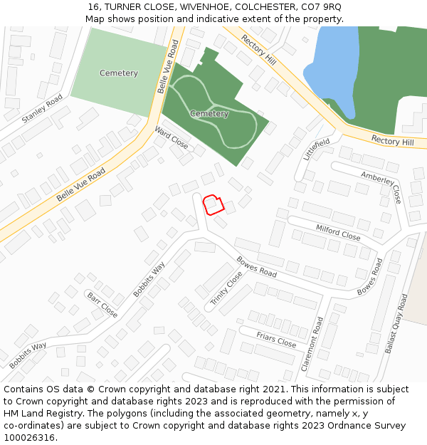 16, TURNER CLOSE, WIVENHOE, COLCHESTER, CO7 9RQ: Location map and indicative extent of plot
