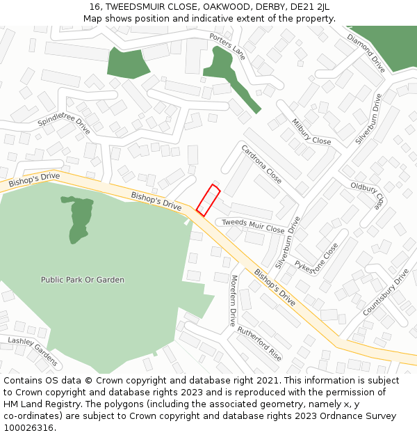 16, TWEEDSMUIR CLOSE, OAKWOOD, DERBY, DE21 2JL: Location map and indicative extent of plot