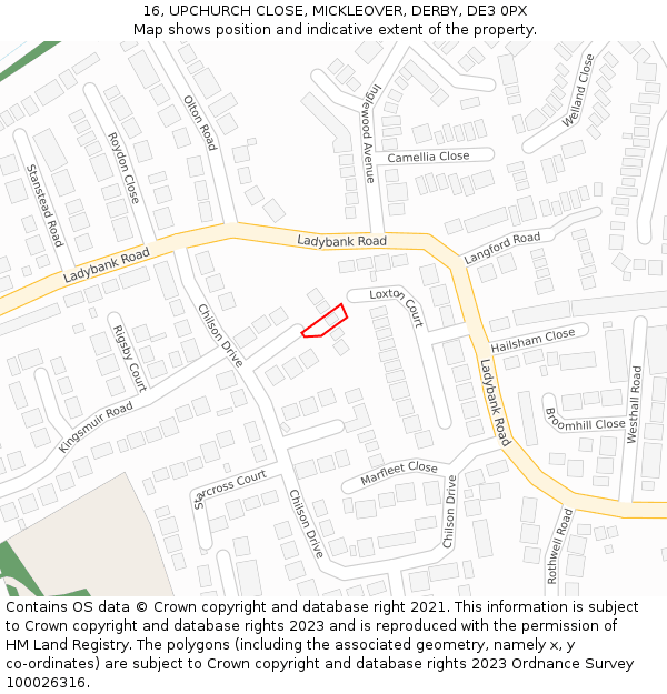 16, UPCHURCH CLOSE, MICKLEOVER, DERBY, DE3 0PX: Location map and indicative extent of plot