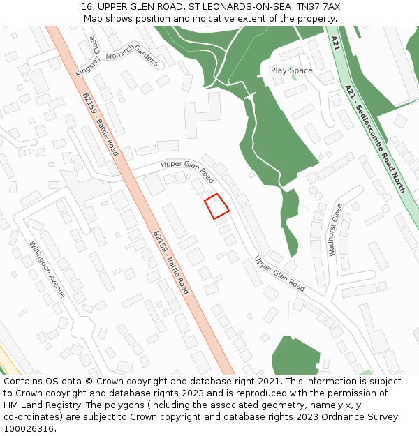 16, UPPER GLEN ROAD, ST LEONARDS-ON-SEA, TN37 7AX: Location map and indicative extent of plot
