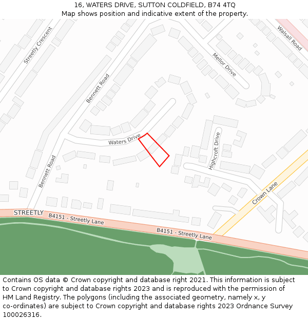 16, WATERS DRIVE, SUTTON COLDFIELD, B74 4TQ: Location map and indicative extent of plot