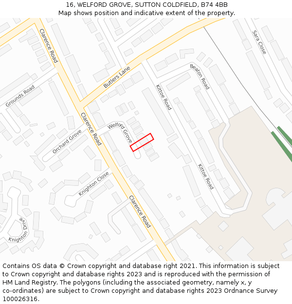 16, WELFORD GROVE, SUTTON COLDFIELD, B74 4BB: Location map and indicative extent of plot