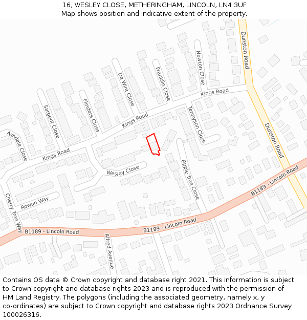 16, WESLEY CLOSE, METHERINGHAM, LINCOLN, LN4 3UF: Location map and indicative extent of plot