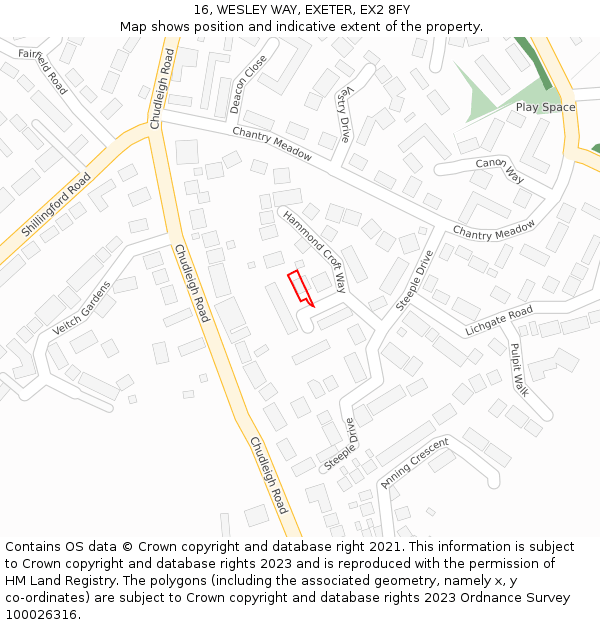 16, WESLEY WAY, EXETER, EX2 8FY: Location map and indicative extent of plot