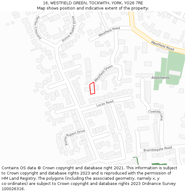 16, WESTFIELD GREEN, TOCKWITH, YORK, YO26 7RE: Location map and indicative extent of plot