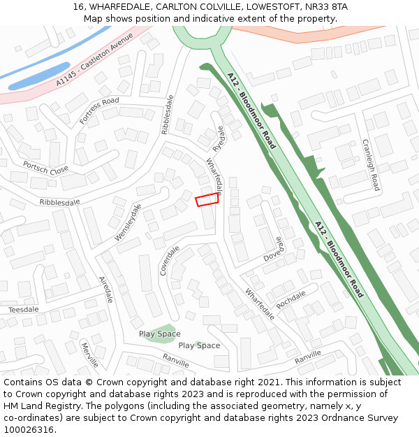 16, WHARFEDALE, CARLTON COLVILLE, LOWESTOFT, NR33 8TA: Location map and indicative extent of plot
