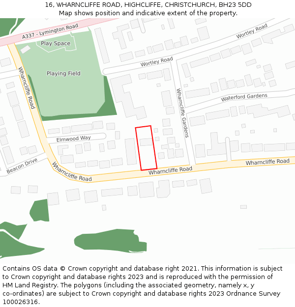 16, WHARNCLIFFE ROAD, HIGHCLIFFE, CHRISTCHURCH, BH23 5DD: Location map and indicative extent of plot