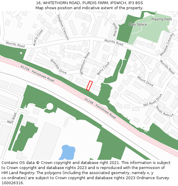 16, WHITETHORN ROAD, PURDIS FARM, IPSWICH, IP3 8SS: Location map and indicative extent of plot