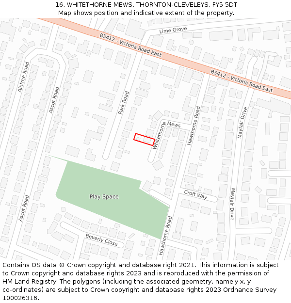 16, WHITETHORNE MEWS, THORNTON-CLEVELEYS, FY5 5DT: Location map and indicative extent of plot