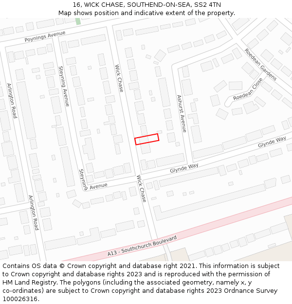 16, WICK CHASE, SOUTHEND-ON-SEA, SS2 4TN: Location map and indicative extent of plot