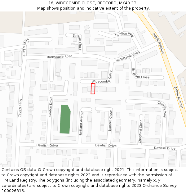 16, WIDECOMBE CLOSE, BEDFORD, MK40 3BL: Location map and indicative extent of plot