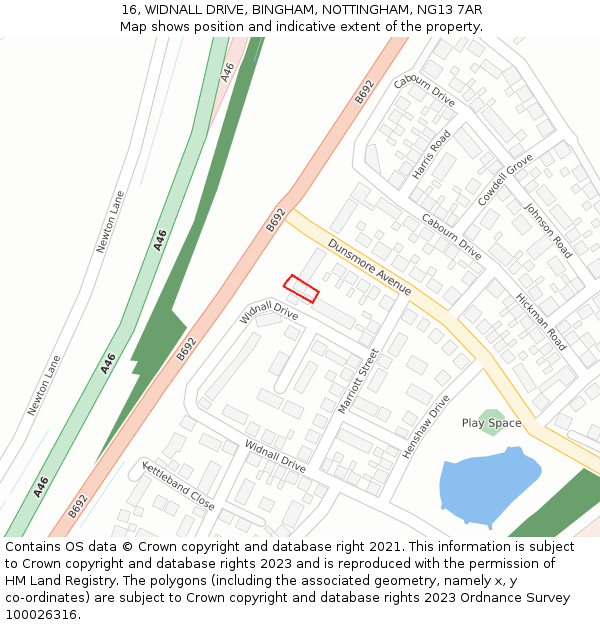 16, WIDNALL DRIVE, BINGHAM, NOTTINGHAM, NG13 7AR: Location map and indicative extent of plot