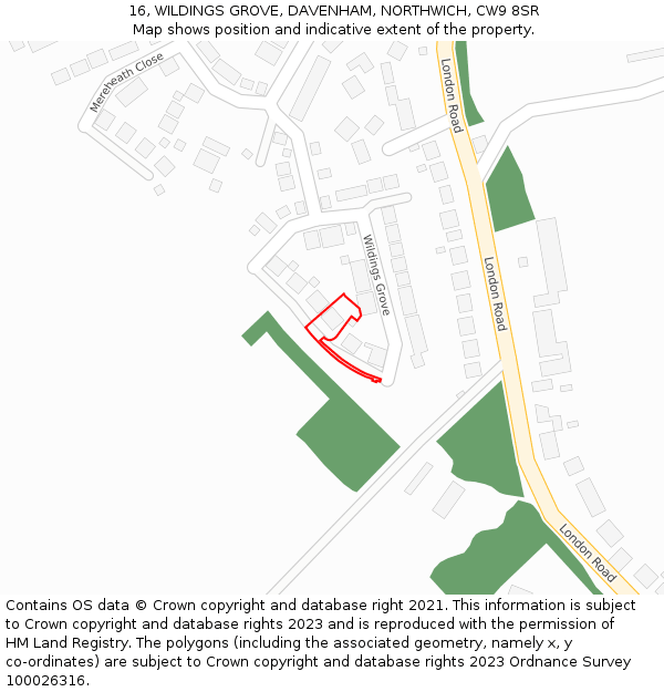 16, WILDINGS GROVE, DAVENHAM, NORTHWICH, CW9 8SR: Location map and indicative extent of plot