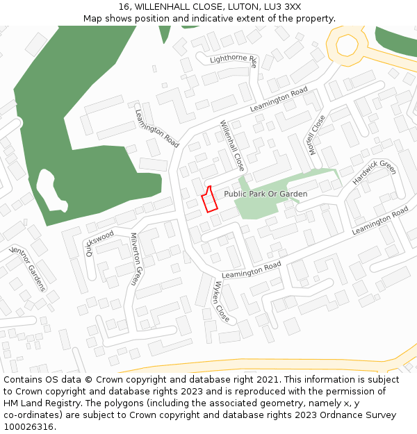 16, WILLENHALL CLOSE, LUTON, LU3 3XX: Location map and indicative extent of plot