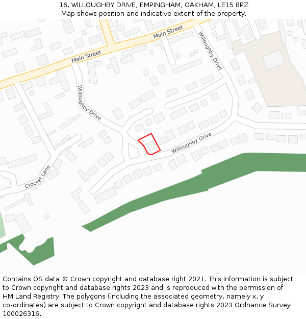 16, WILLOUGHBY DRIVE, EMPINGHAM, OAKHAM, LE15 8PZ: Location map and indicative extent of plot