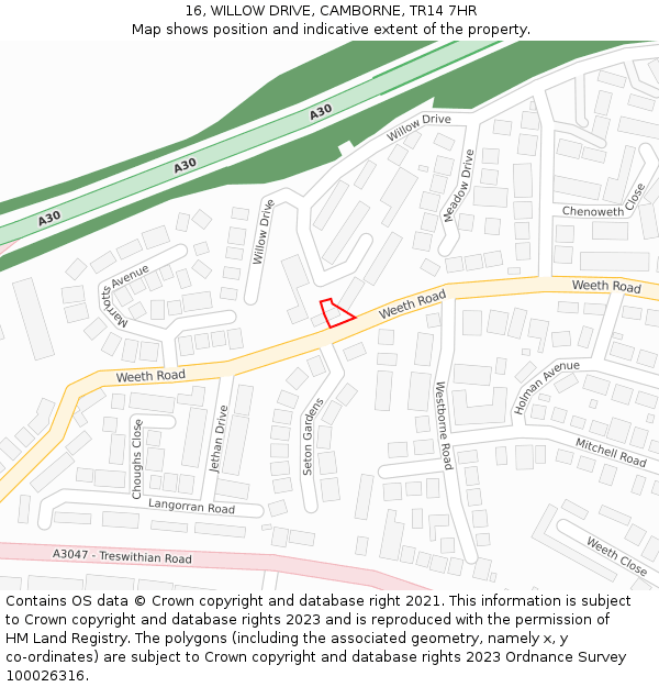 16, WILLOW DRIVE, CAMBORNE, TR14 7HR: Location map and indicative extent of plot