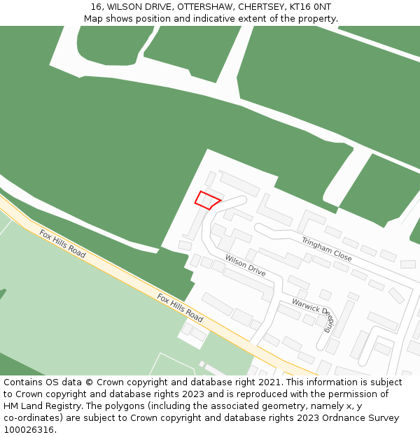 16, WILSON DRIVE, OTTERSHAW, CHERTSEY, KT16 0NT: Location map and indicative extent of plot