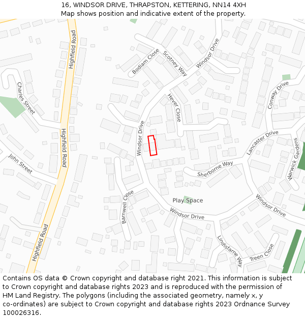 16, WINDSOR DRIVE, THRAPSTON, KETTERING, NN14 4XH: Location map and indicative extent of plot