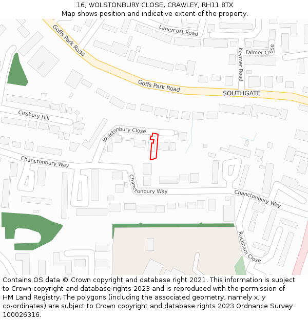 16, WOLSTONBURY CLOSE, CRAWLEY, RH11 8TX: Location map and indicative extent of plot
