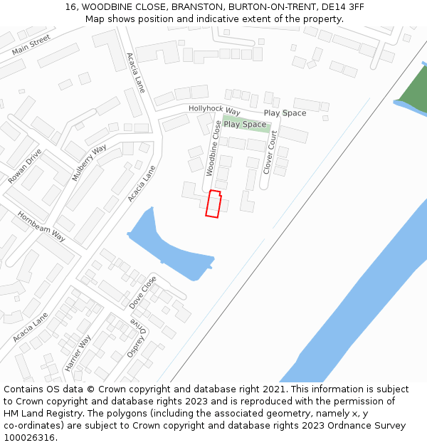 16, WOODBINE CLOSE, BRANSTON, BURTON-ON-TRENT, DE14 3FF: Location map and indicative extent of plot