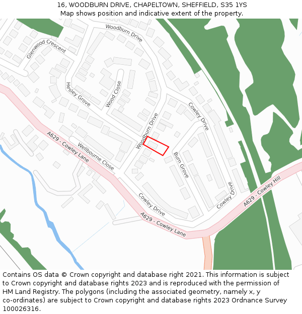 16, WOODBURN DRIVE, CHAPELTOWN, SHEFFIELD, S35 1YS: Location map and indicative extent of plot