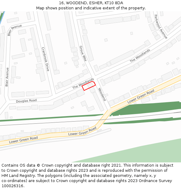 16, WOODEND, ESHER, KT10 8DA: Location map and indicative extent of plot